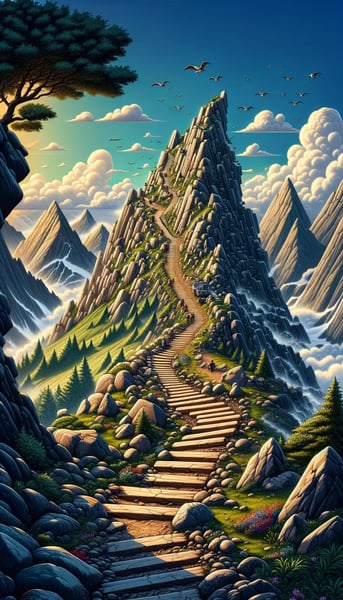 DALL·E 2024-02-07 17.04.43 - Visualize a metaphorical journey of software development as a challenging mountain path, in portrait orientation, focusing on the concept without incl DALL·E 2024-02-07 17.04.43 - Visualize a metaphorical journey of software development as a challenging mountain path, in portrait orientation, focusing on the concept without incl