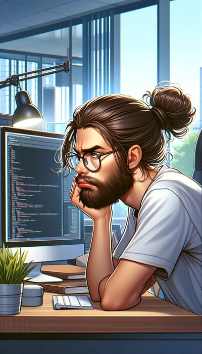 DALL·E 2024-02-07 17.19.11 - Illustrate in portrait mode a developer with long hair, a beard, and a bun, looking bored yet somewhat dreamy at work in front of their computer. This