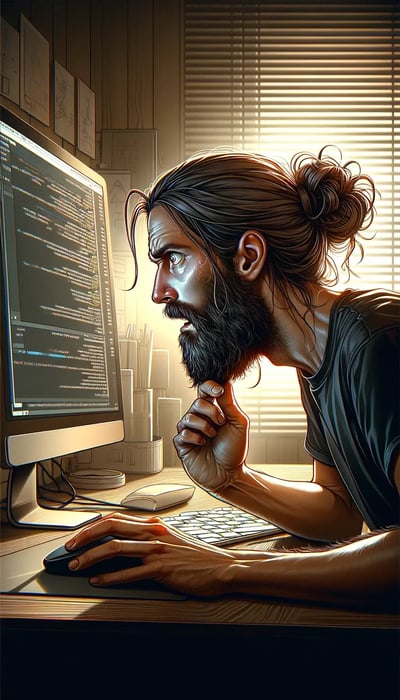 DALL·E 2024-02-07 17.34.45 - Illustrate in portrait mode a developer with long hair, a beard, and a bun, with their profile visible, showing them in front of their computer with a